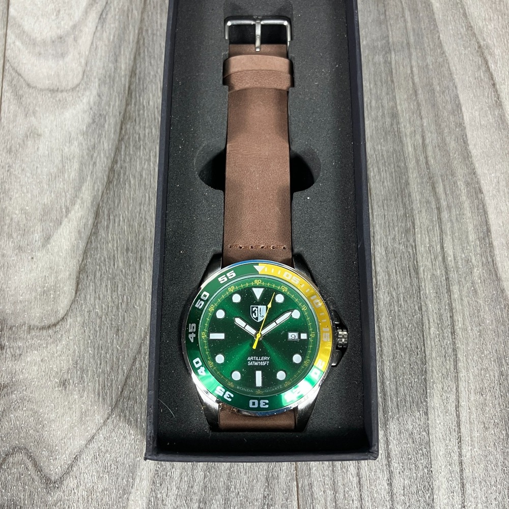 THREE LEAGUES‎ ARTILLERY LEATHER-BAND WATCH WITH DATE GREEN DIAL